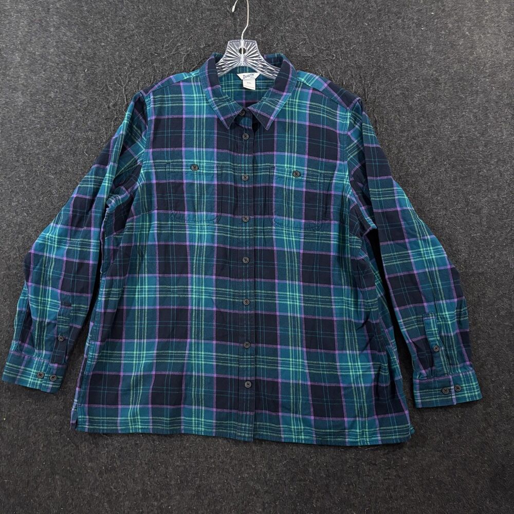 Duluth Trading Co Free Swingin Flannel Shirt Women's XXL Blue Green Plaid Pocket